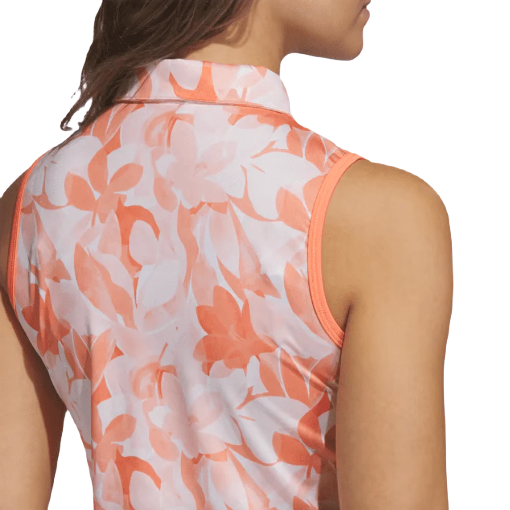 Adidas Ladies Floral Sleeveless Golf Polo Shirt - Orange