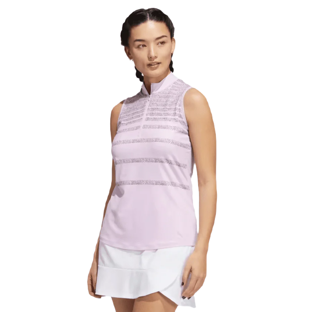 Adidas Ladies Herringbone Stripe Sleeveless Polo Shirt - Pink