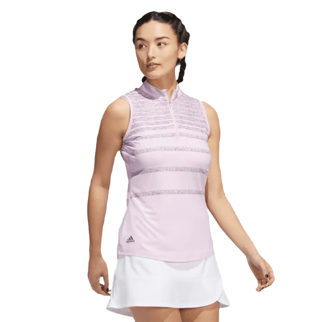 Adidas Ladies Herringbone Stripe Sleeveless Polo Shirt - Pink