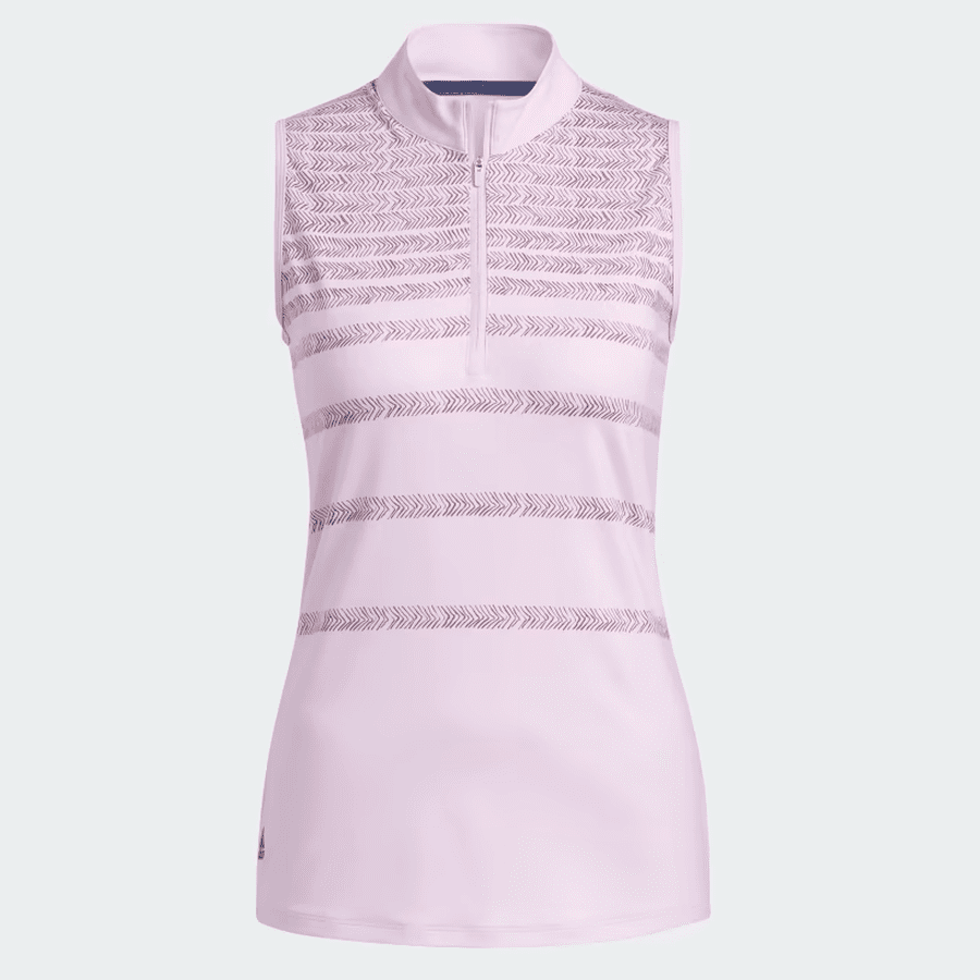 Adidas Ladies Herringbone Stripe Sleeveless Polo Shirt - Pink