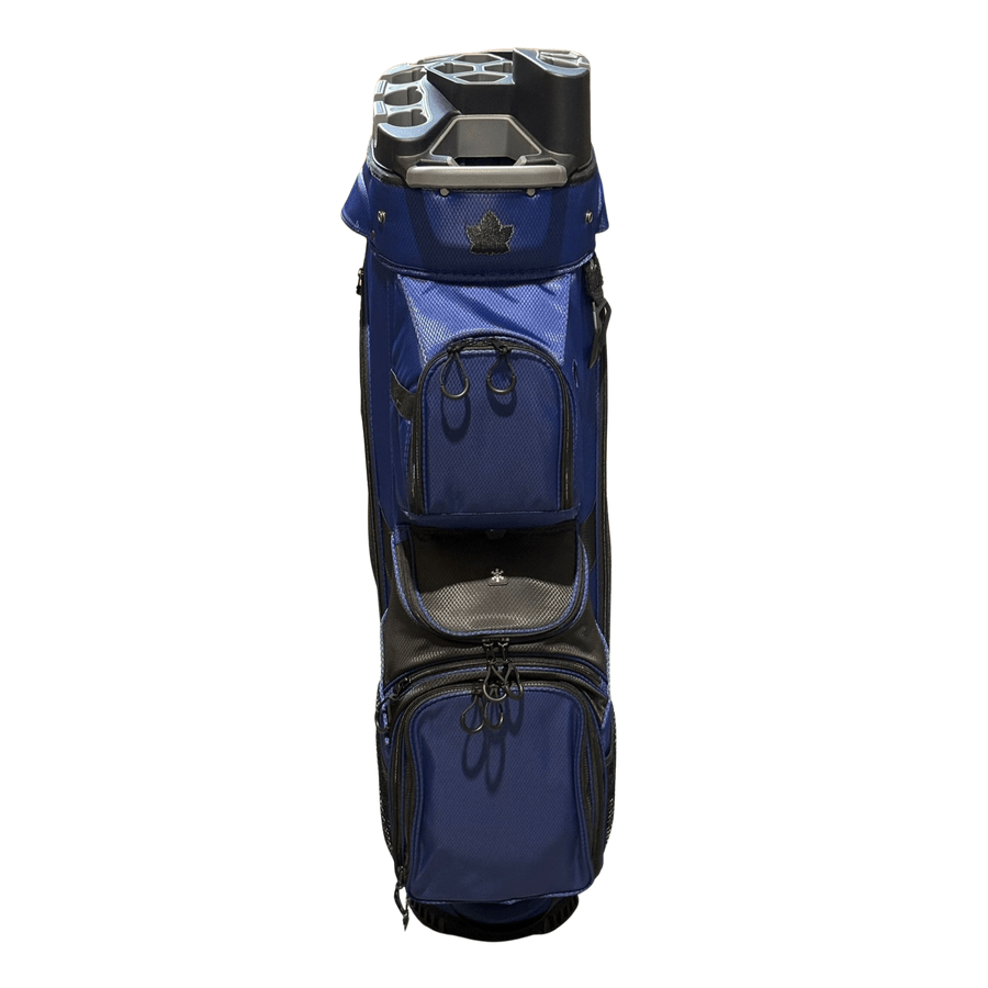 The NS Deluxe Tour Lock Organizer Cart Bag, in blue and black, features a 14-way divider for club organization, multiple zippered pockets, compartments, and an insulated cooler pocket. Shown upright on a white background.