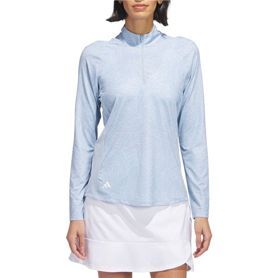 Adidas Essentials Ladies Long Sleeve Printed Mock Polo Shirt - Blue