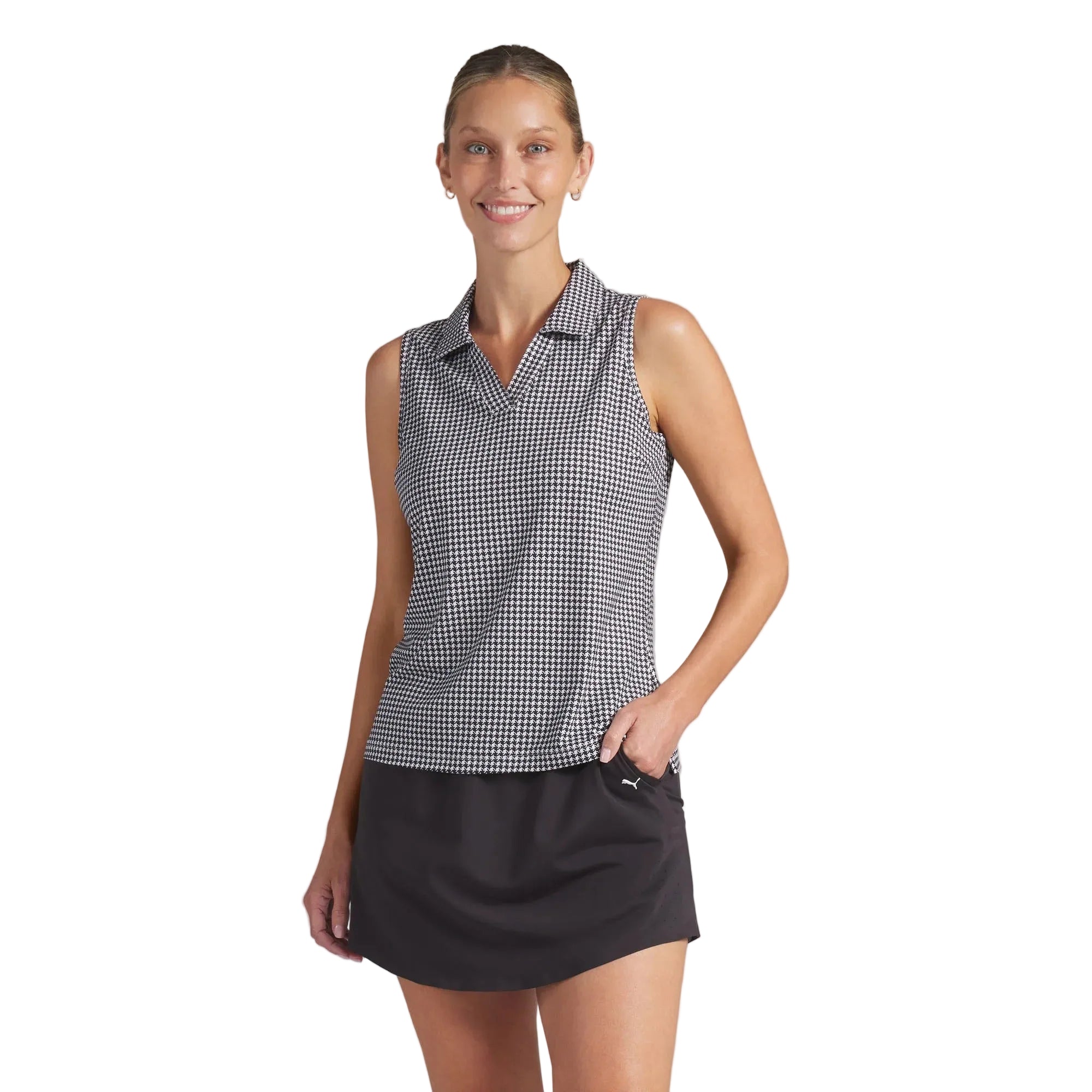 Puma Ladies CLOUDSPUN Mono Check Sleeveless Golf Polo - Black