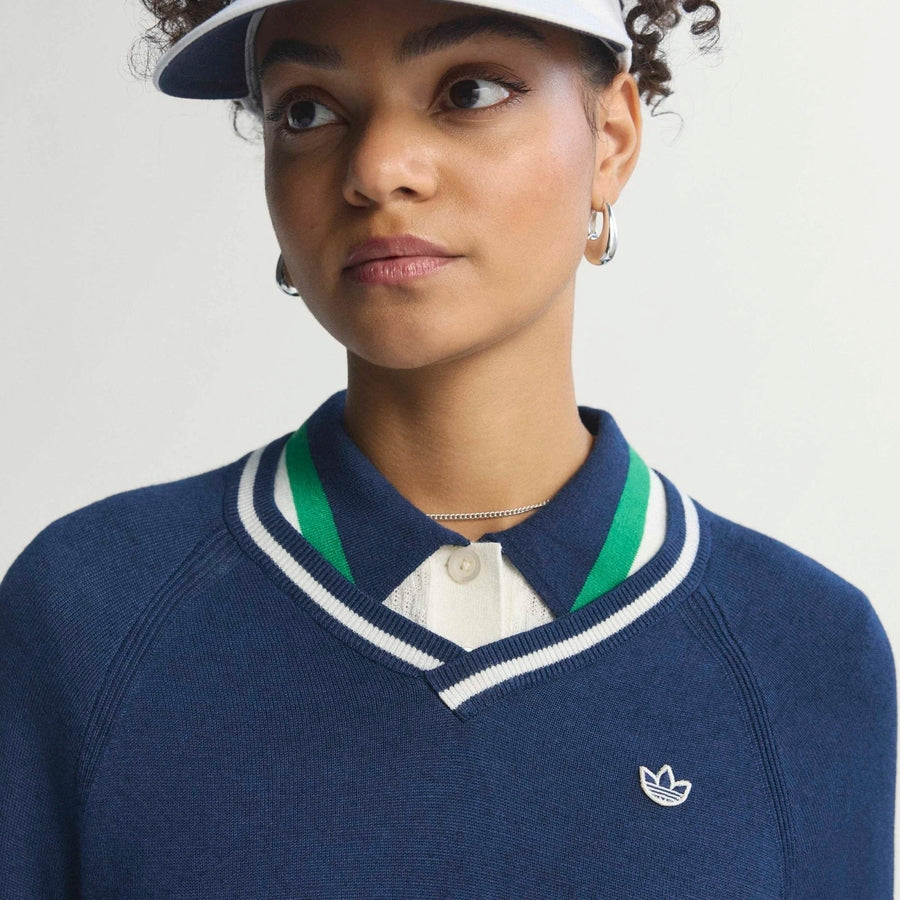 Adidas Ladies Originals Cashmere Blend V-Neck Sweater - Navy