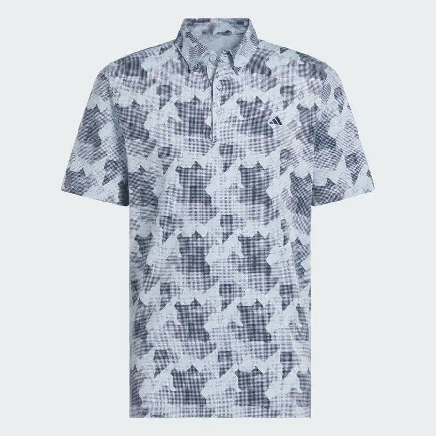 The Adidas 2025 Go-To Printed Polo Shirt is a men's golf polo in gray and white with a geometric abstract pattern, a small Adidas logo on the left chest, and is made from recycled materials for eco-friendly style.