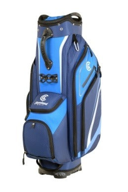 The Cleveland Lightweight Cart Bag, shown upright on a white background, features a blue and black design, 14-way divider, multiple zippered pockets including an insulated cooler pocket, and a convenient top handle.