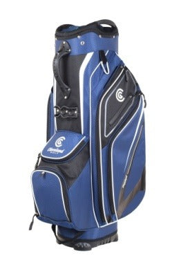 The Cleveland Lightweight Cart Bag is blue and black with white accents, offering a 14-way divider, several zippered pockets—including an insulated cooler pocket—and a convenient carrying handle.