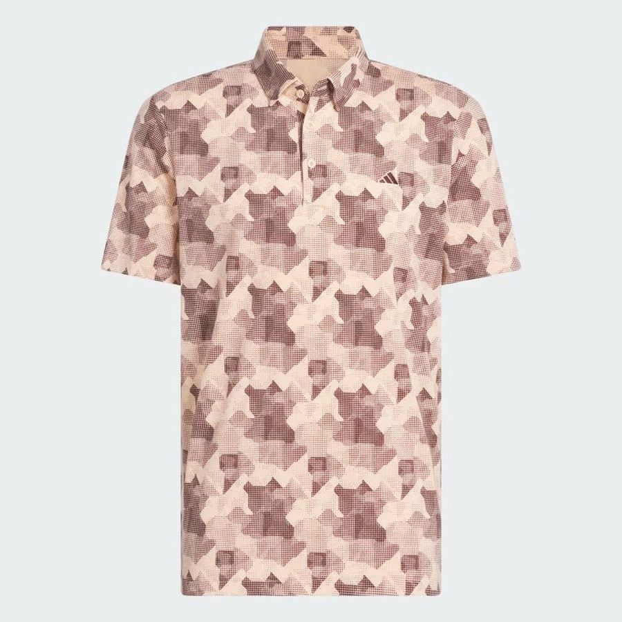 The Adidas 2025 Go-To Printed Polo Shirt is a men's collared golf shirt with short sleeves, showcasing an abstract geometric pattern in beige, tan, and light brown, made from recycled materials and shown on a plain light gray background.