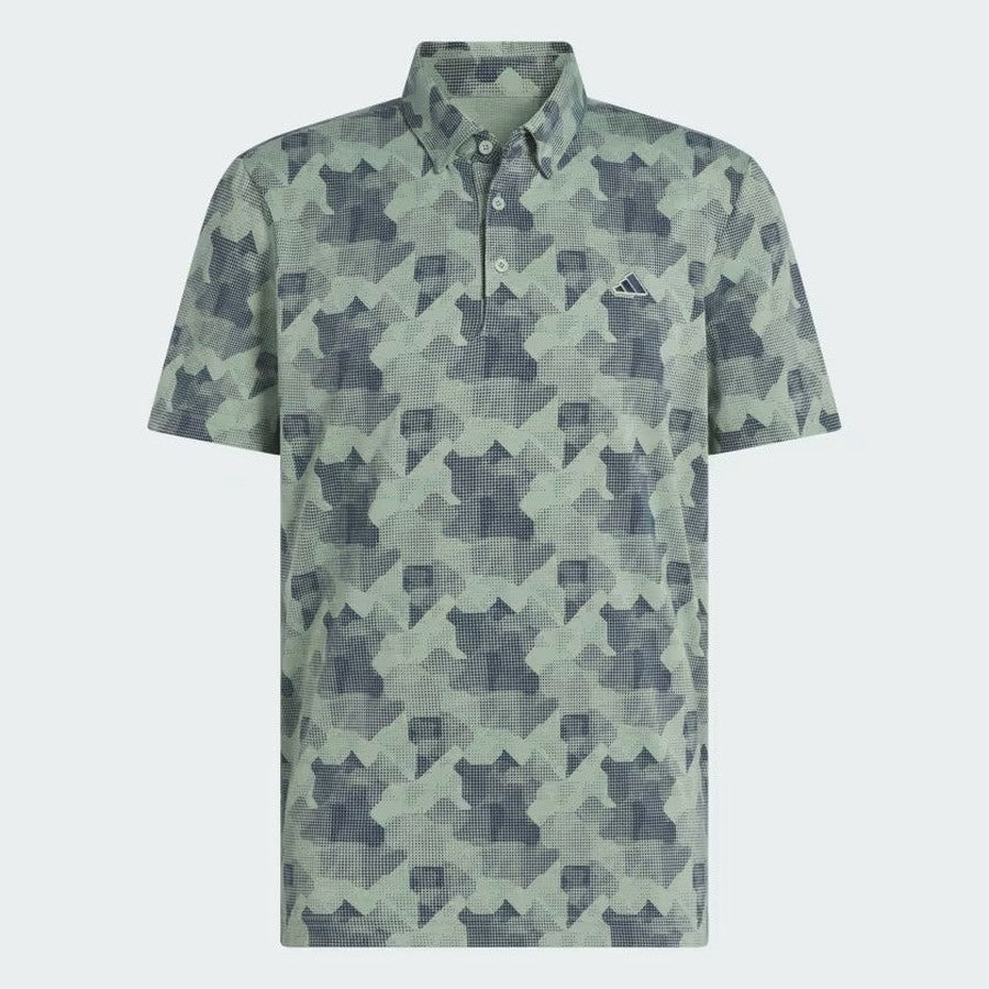 The Adidas 2025 Go-To Printed Polo Shirt is a green short-sleeve golf polo with a geometric camouflage print, Adidas logo on the left chest, button-up collar, and is made from recycled materials.