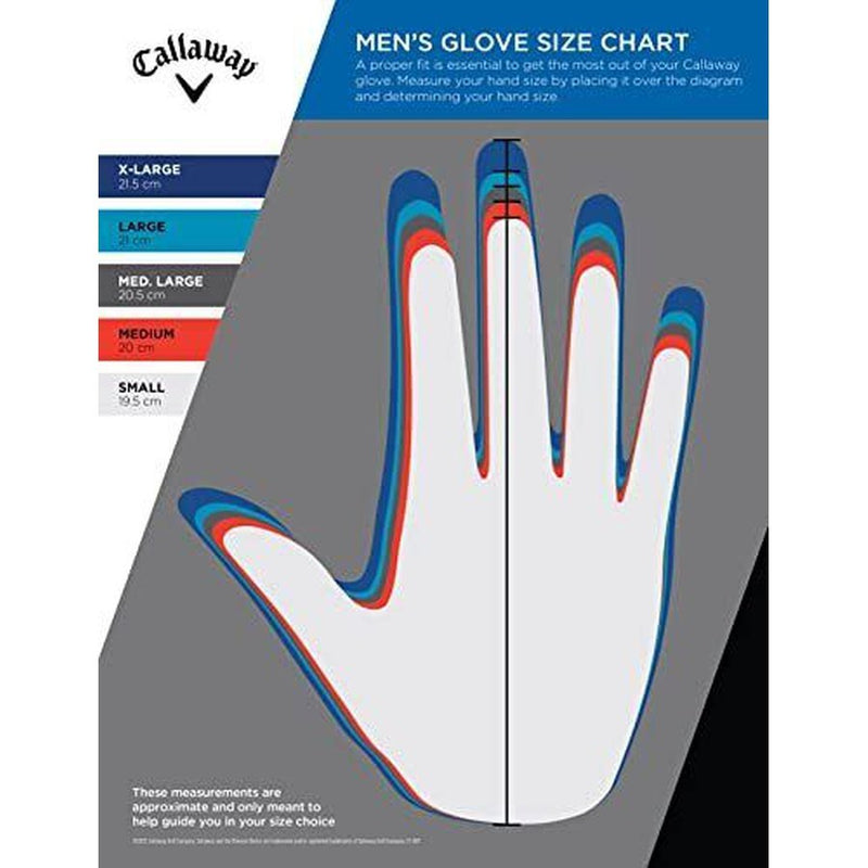 Men's glove size chart of the Callaway Opti golf gloves