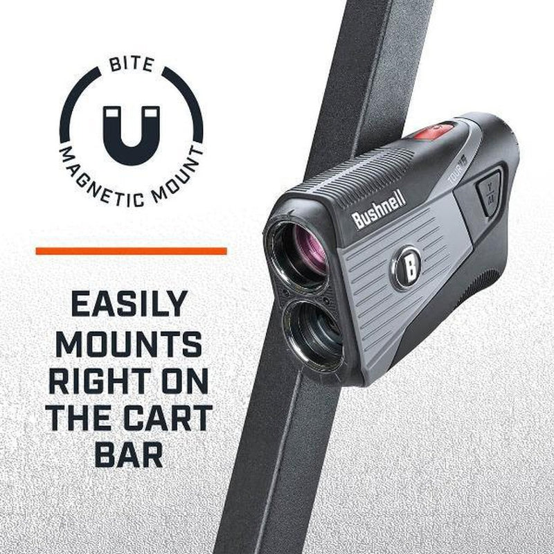 Bushnell Tour V5 Golf Rangefinder's BITE magnetic mount promo art saying easily mounts right on the car bar