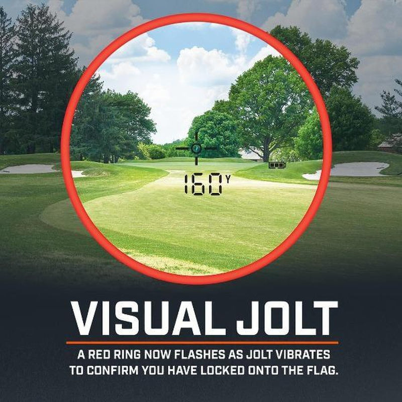 Bushnell Tour V5 Golf Rangefinder's Visual Jolt promo art showing a golf course and a red circle with a target