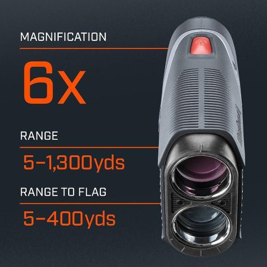Bushnell Tour V5 Golf Rangefinder promo art about magnification, range, and range to flag