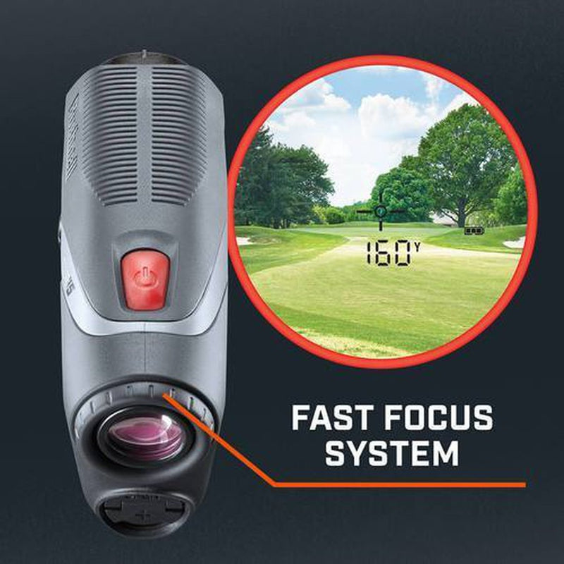 Bushnell Tour V5 Golf Rangefinder promo art about fast focus system with a golf course inside a red circle