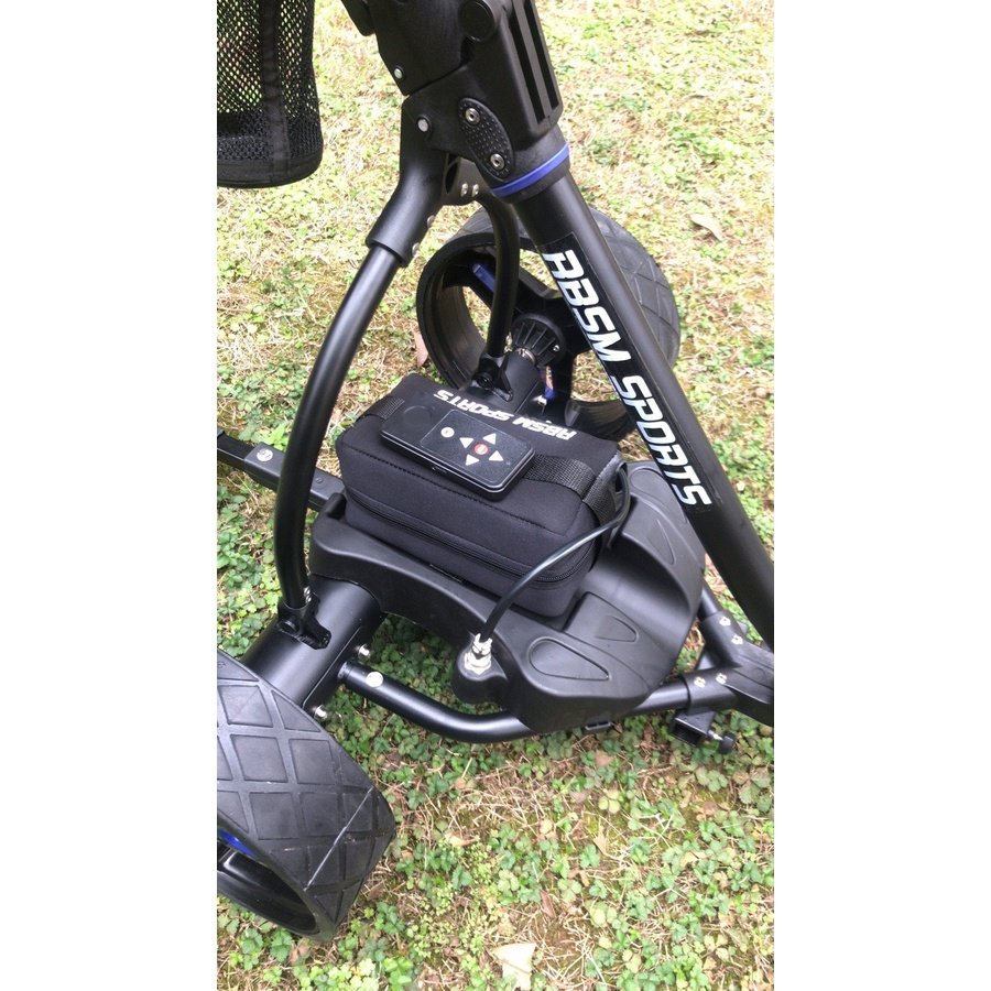 Bottom part of the RBSM Sports G93R Electric Golf Trolley - Refurbished showing a pouch and a remote control