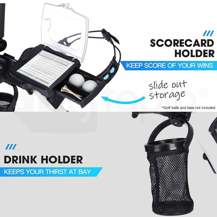 Promo image of the scorecard holder and the drink holder of the RBSM Sports G93R Electric Golf Trolley - Refurbished