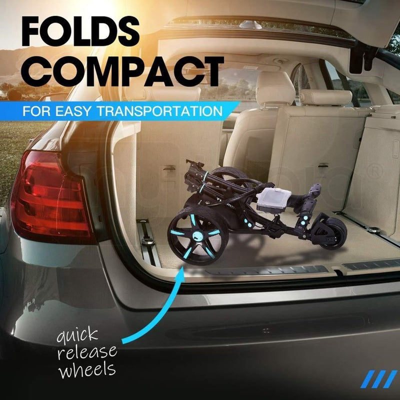 Illustration showing the RBSM Sports G93R Electric Golf Trolley - Refurbished in the trunk of a SUV car