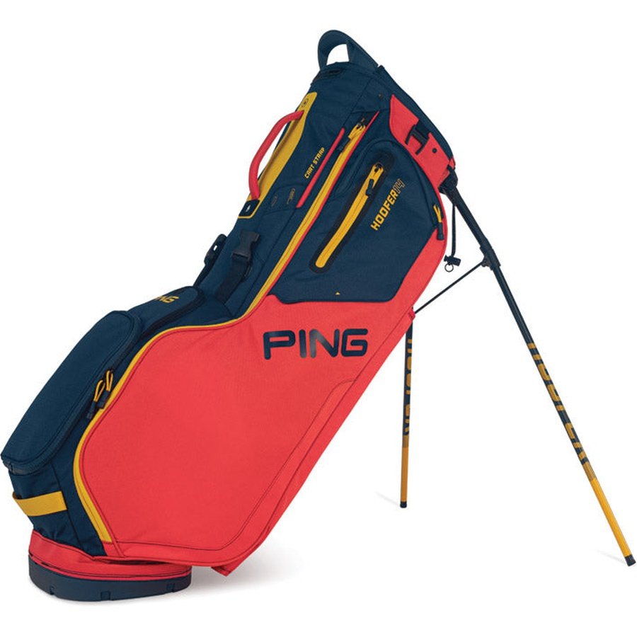 Red, blue, and yellow Ping Hoofer 14 Carry Golf Bag